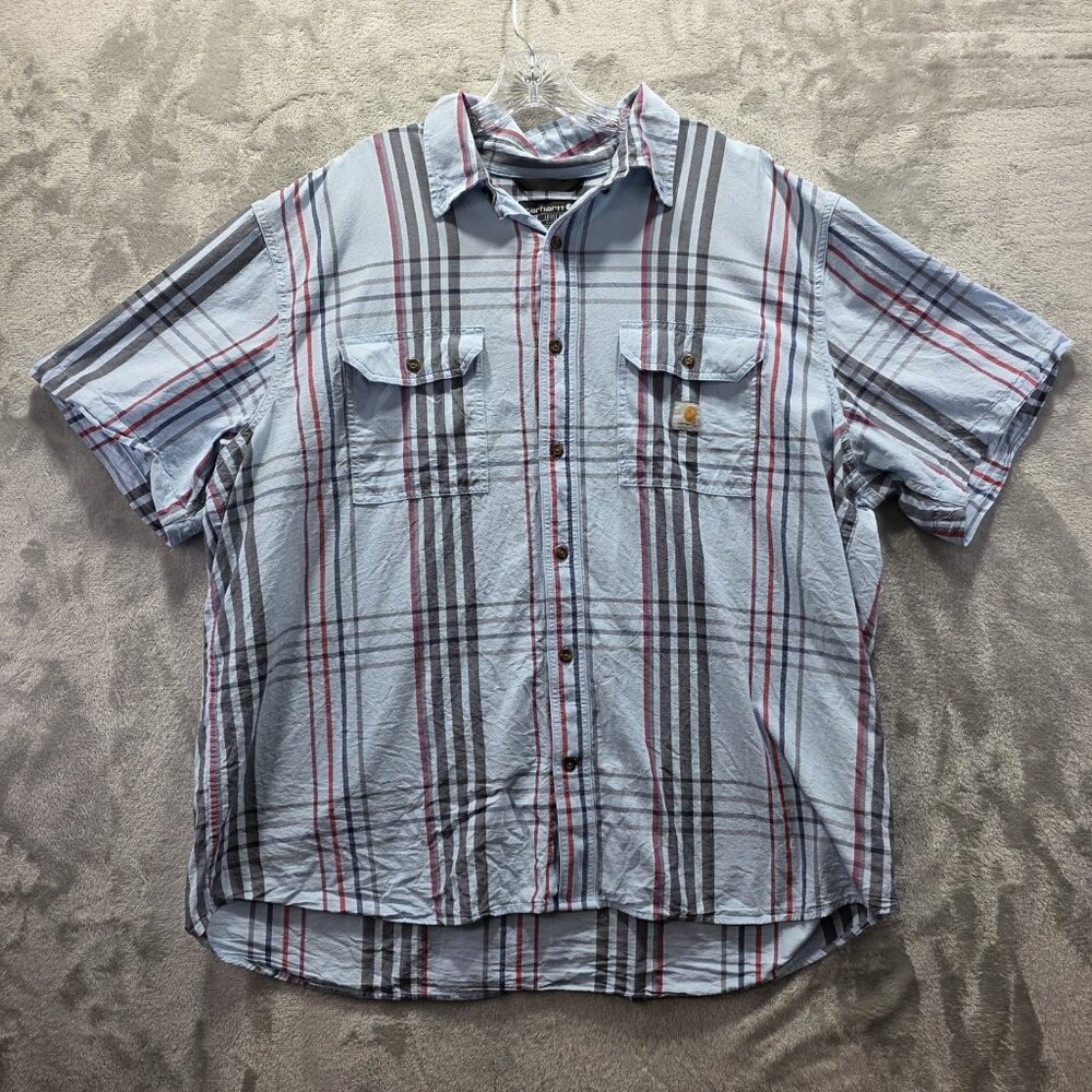 Carhartt Shirt Mens 2XL Blue Gray Plaid Button Up Loose Fit Cotton Workwear